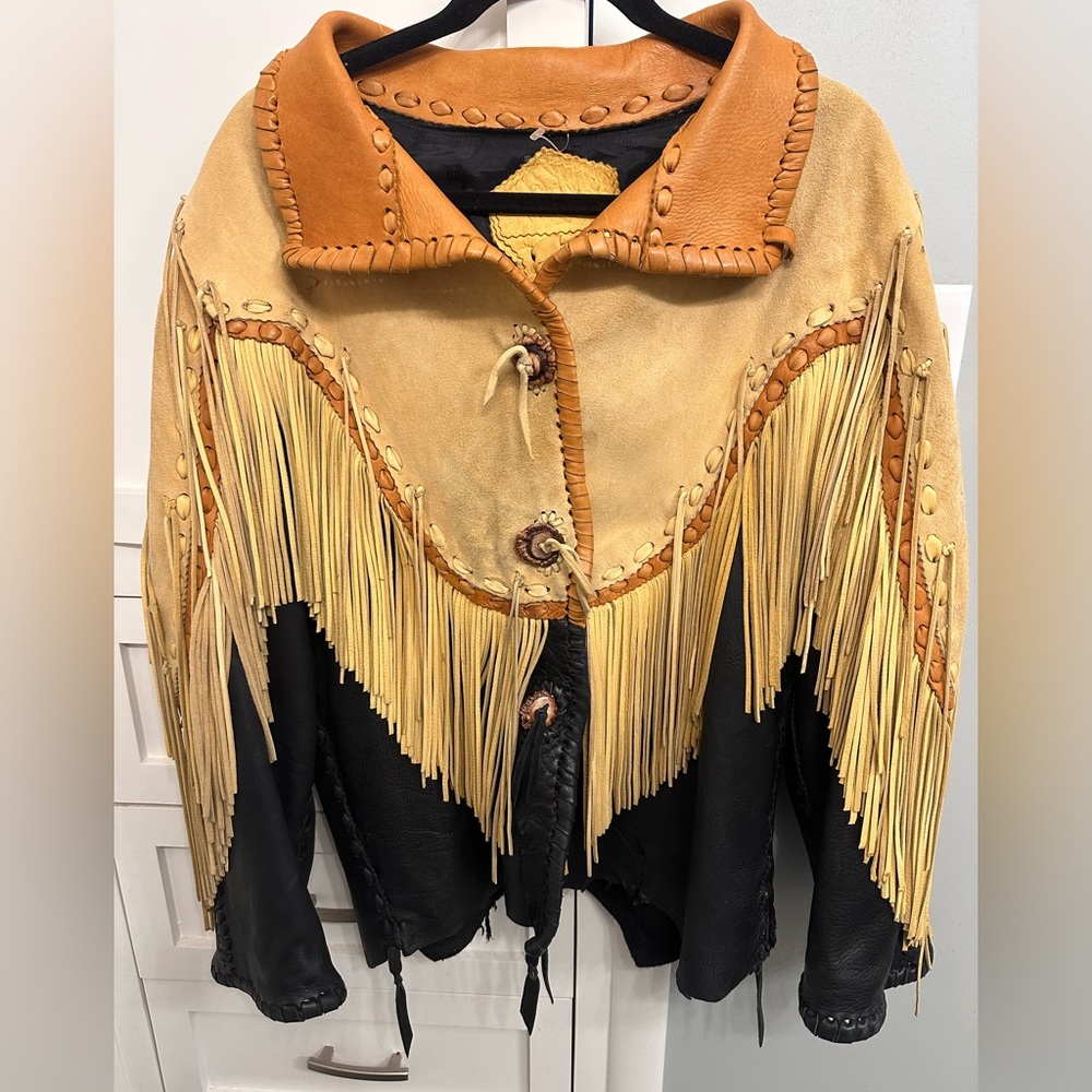 Native American Genuine Leather Fringe Jacket Fort Grizzly OS Rare Three Tone